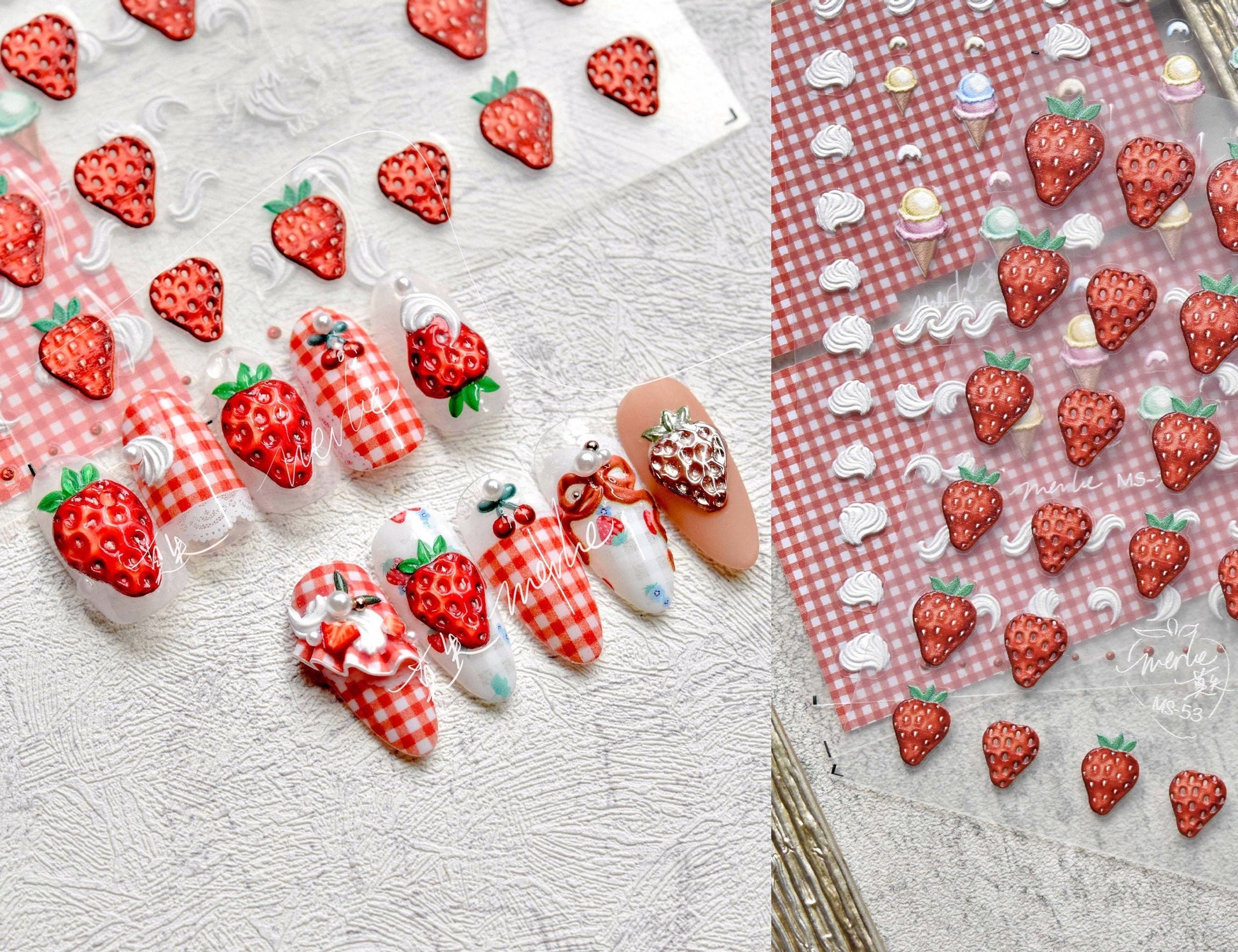 5D Strawberry Nail sticker/Ice-cream Red Grids 3D nail Cream Sweets Self Adhesive Decals/Embossed Ultra Thin peel off Strawberries stickers