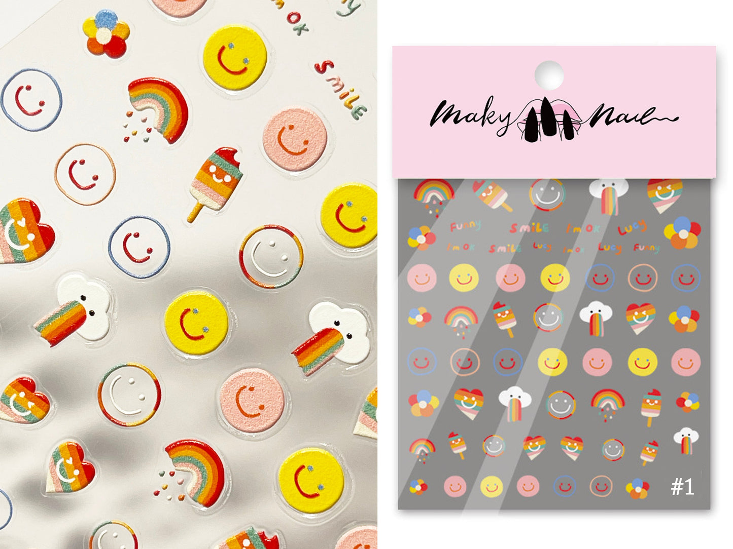 Chibi Fruit Smile Face Nail Art Sticker/ Smiley Happy Rainbow DIY Tips Stickers/ Doodle 3D embossed stickers/ Cute Lovely flower nail art