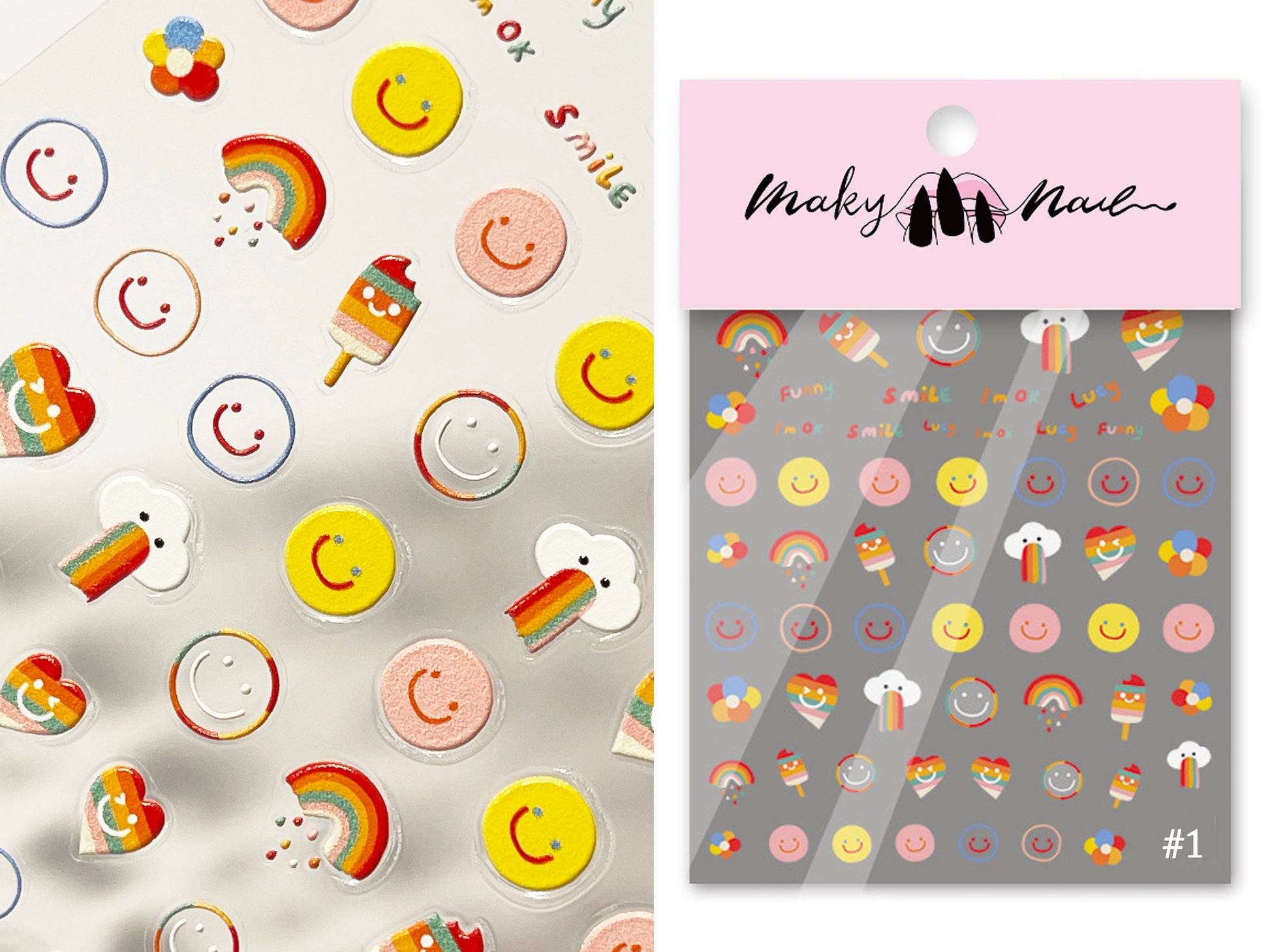 Chibi Fruit Smile Face Nail Art Sticker/ Smiley Happy Rainbow DIY Tips Stickers/ Doodle 3D embossed stickers/ Cute Lovely flower nail art
