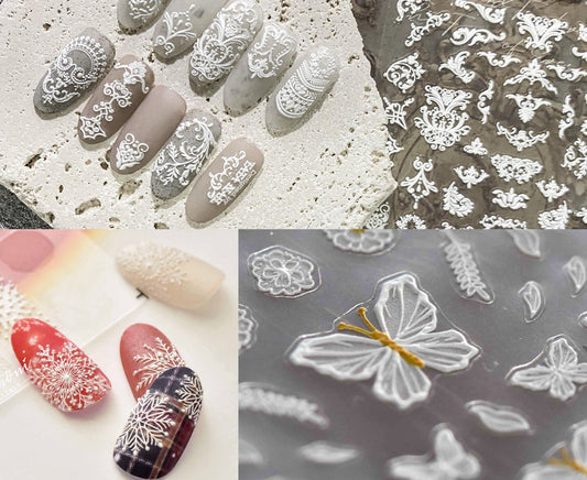 3D Embossed White Nail Stickers/ Snow Flake Nails/ Wedding Bride Laces Nail Art Floral Peel off stencils/ Butterfly Retro Renaissance