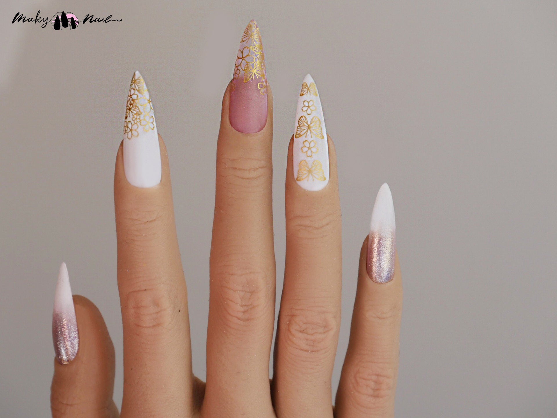 Gold Butterfly Flower nail sticker/ Fairy Tale Nail Art Stickers Self Adhesive Decals/ Golden metallic Sakura Goddess nail art sticker
