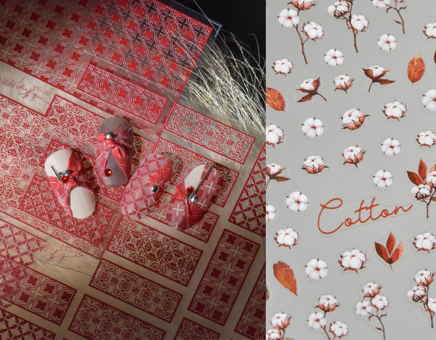Festive Red Nail Stickers/Cotton Flower Nail Art Floral Ultra thin Peel off stencils/ Plaid Grids nails