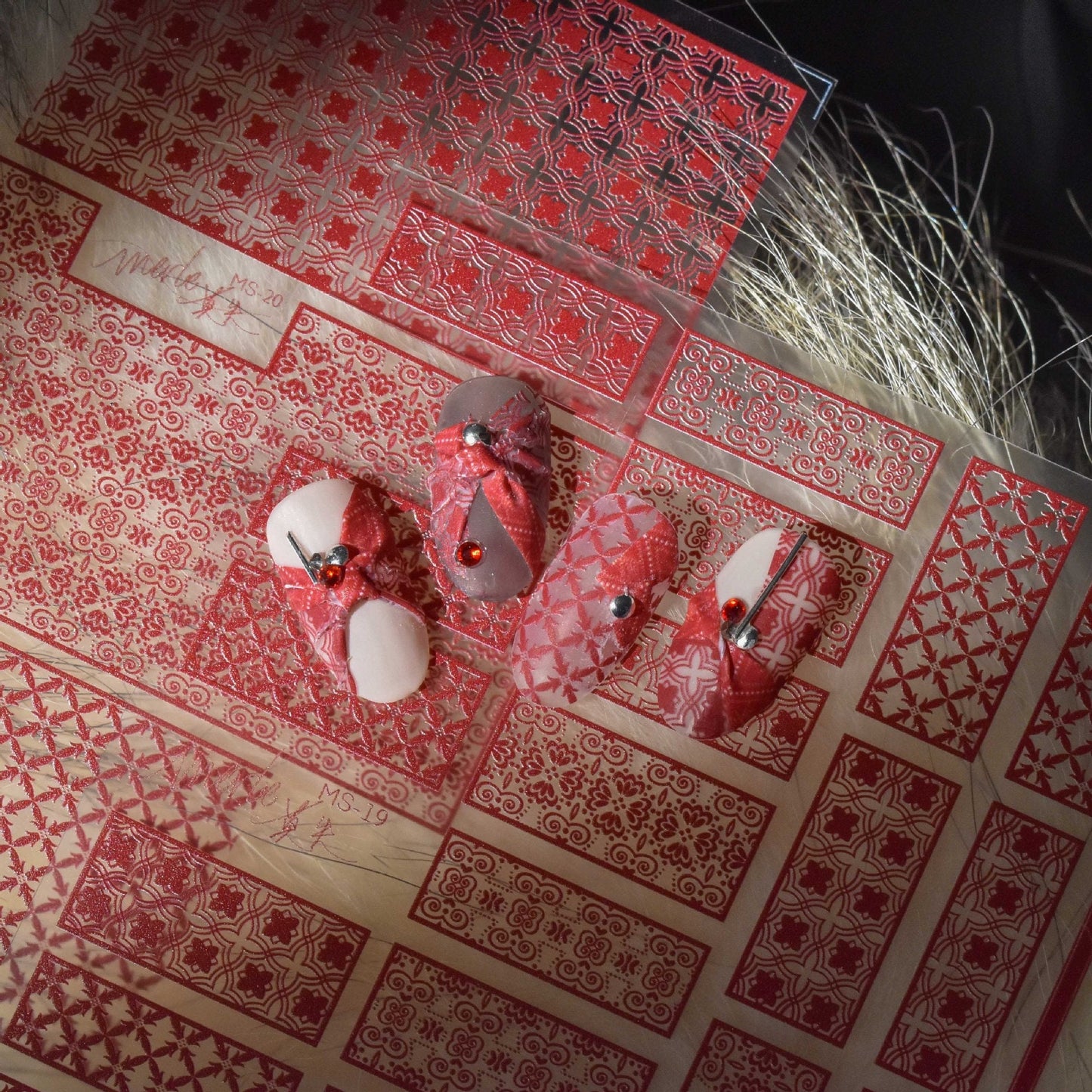 Festive Red Nail Stickers/Cotton Flower Nail Art Floral Ultra thin Peel off stencils/ Plaid Grids nails