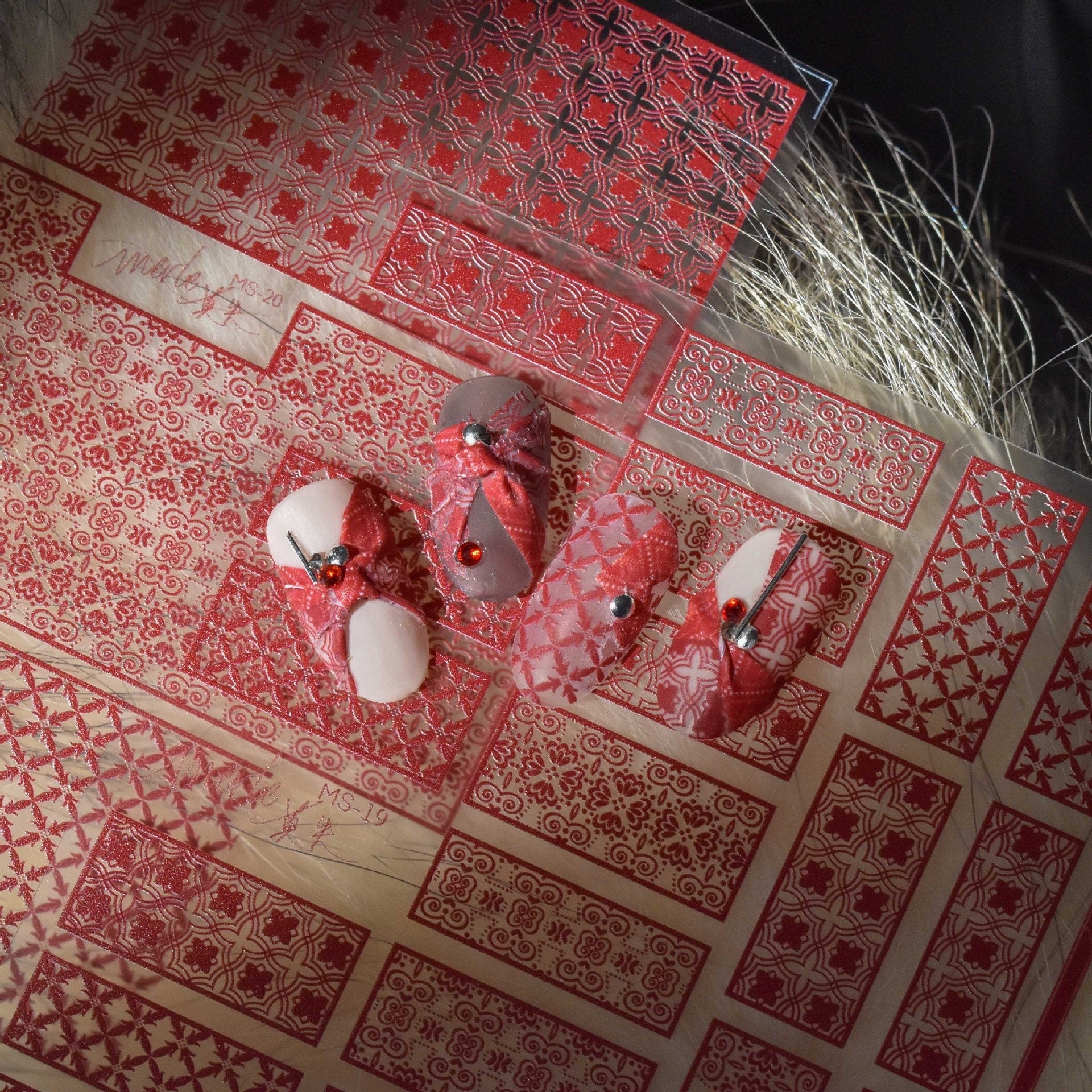 Festive Red Nail Stickers/Cotton Flower Nail Art Floral Ultra thin Peel off stencils/ Plaid Grids nails