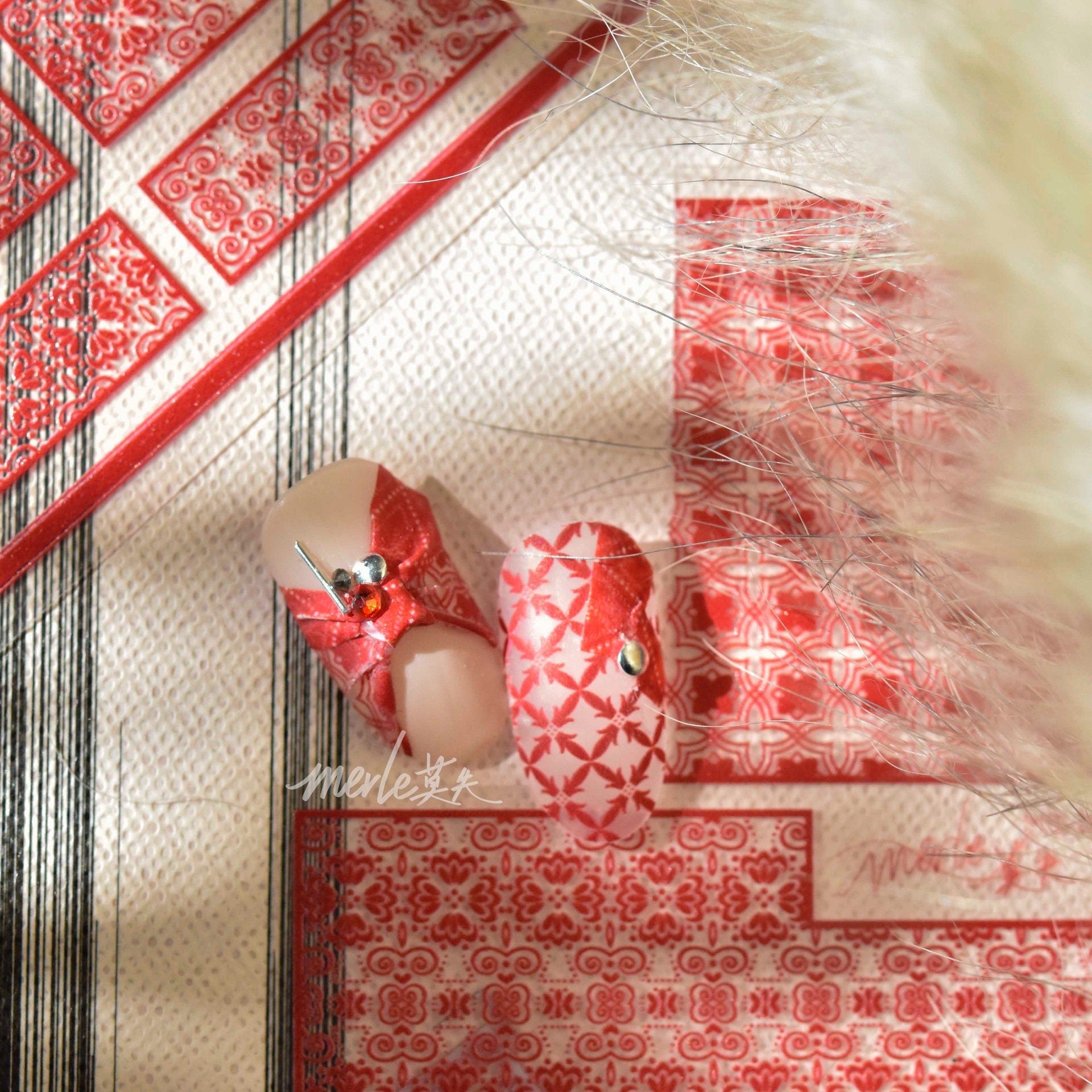 Festive Red Nail Stickers/Cotton Flower Nail Art Floral Ultra thin Peel off stencils/ Plaid Grids nails