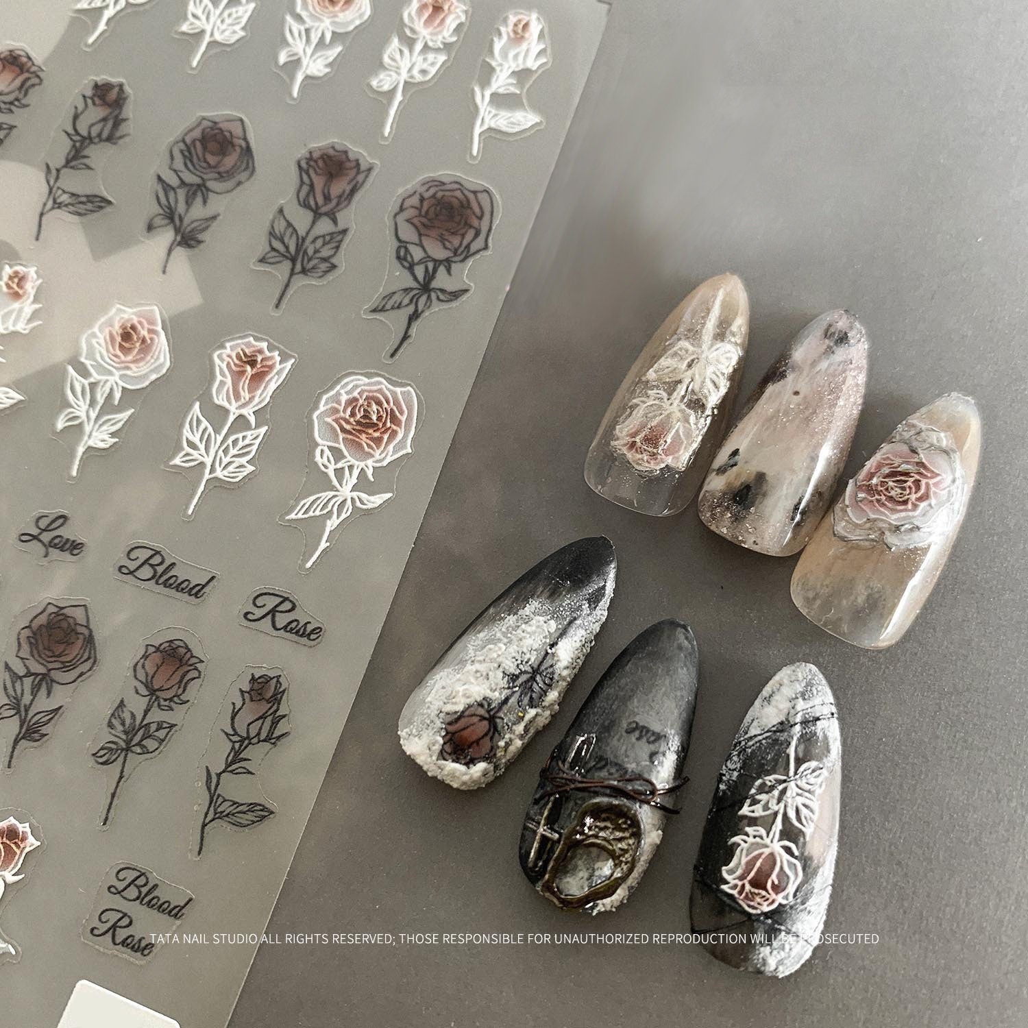 Bloody Rose Sticker Nail Art/ Black Wings Blood Butterfly 3D Decorative Peel Off Decals for Nails/Dark Punk Gothic Nails Stickers