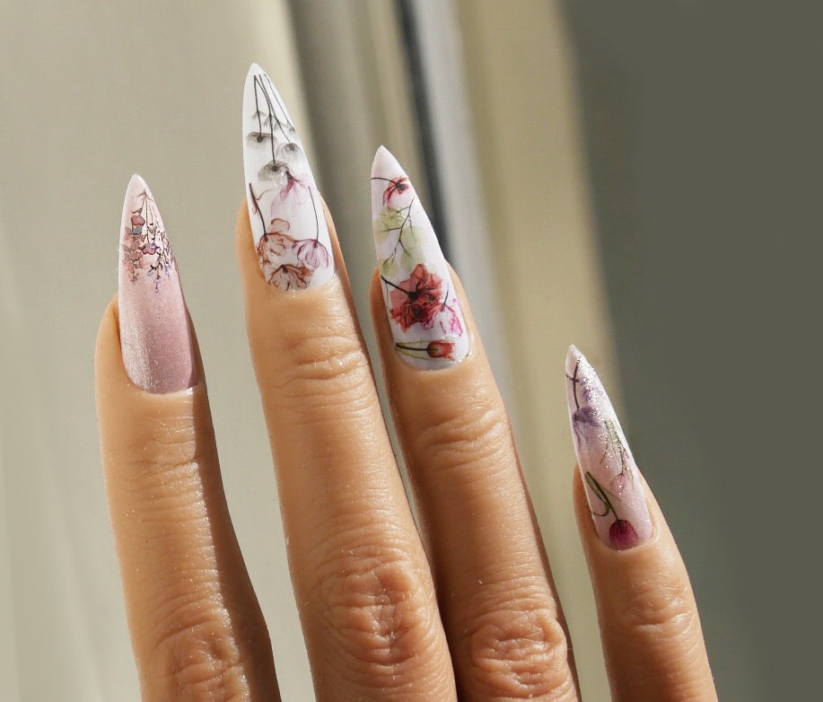 4pcs Floral Nail Tattoo/ Water transfer nail sticker/ Flower Bouquet Theme nail sticker tattoos/ Fairy Tale nail Design 6 cm