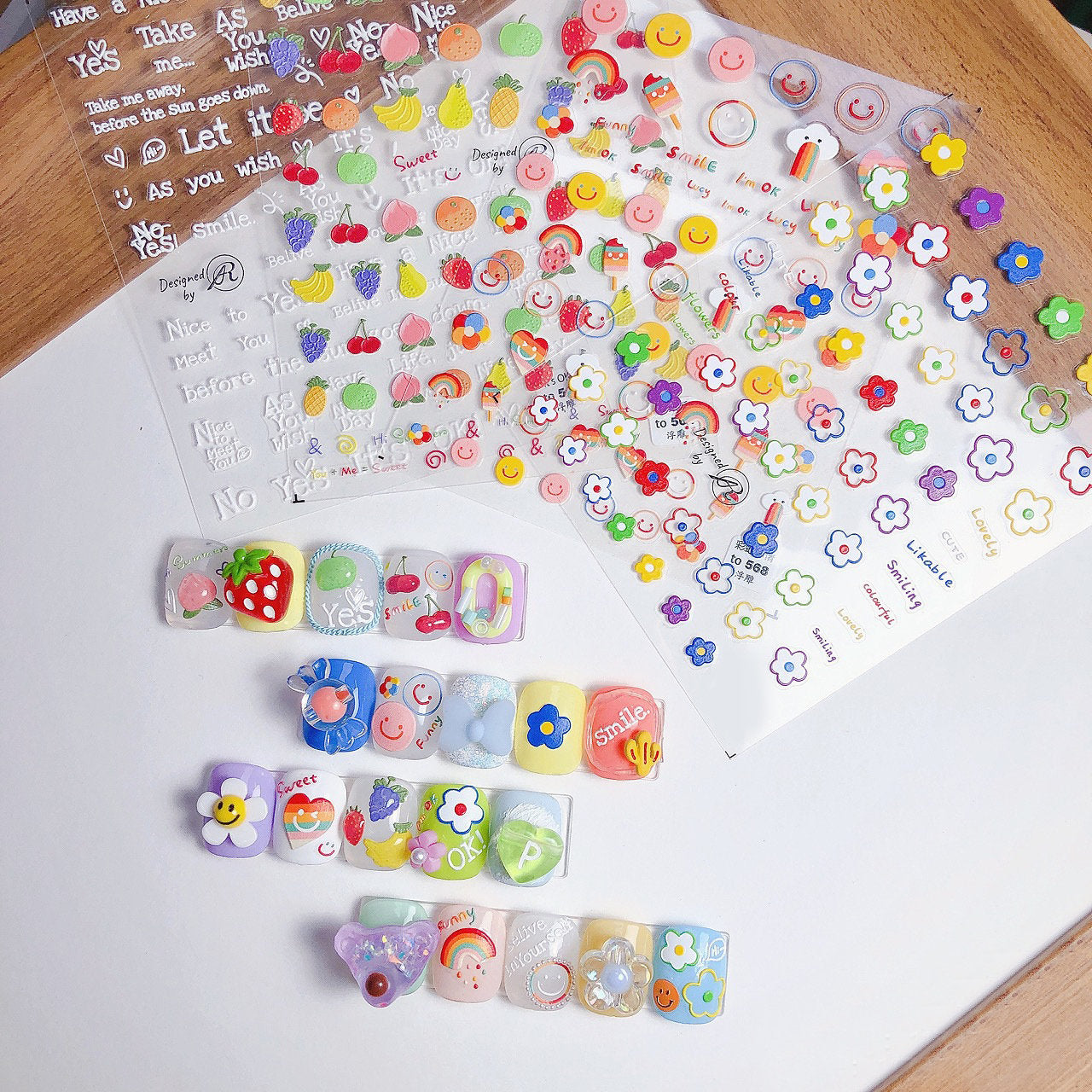 Chibi Fruit Smile Face Nail Art Sticker/ Smiley Happy Rainbow DIY Tips Stickers/ Doodle 3D embossed stickers/ Cute Lovely flower nail art