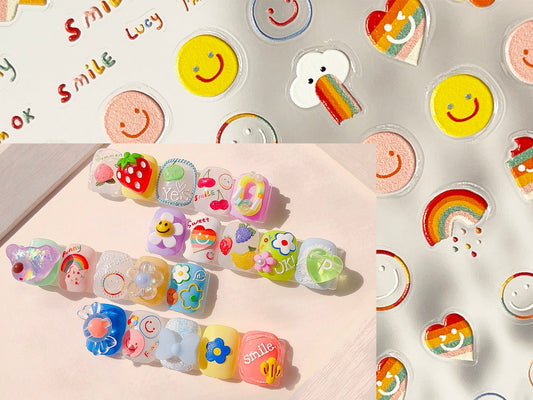 Chibi Fruit Smile Face Nail Art Sticker/ Smiley Happy Rainbow DIY Tips Stickers/ Doodle 3D embossed stickers/ Cute Lovely flower nail art