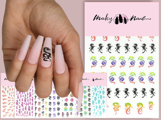 Dragon Nail Stickers/ 1 Sheet 3D Nail Art Stickers Self Adhesive Decals/ Western breathing fire Dragon Multi Color for Coffin Long Nails