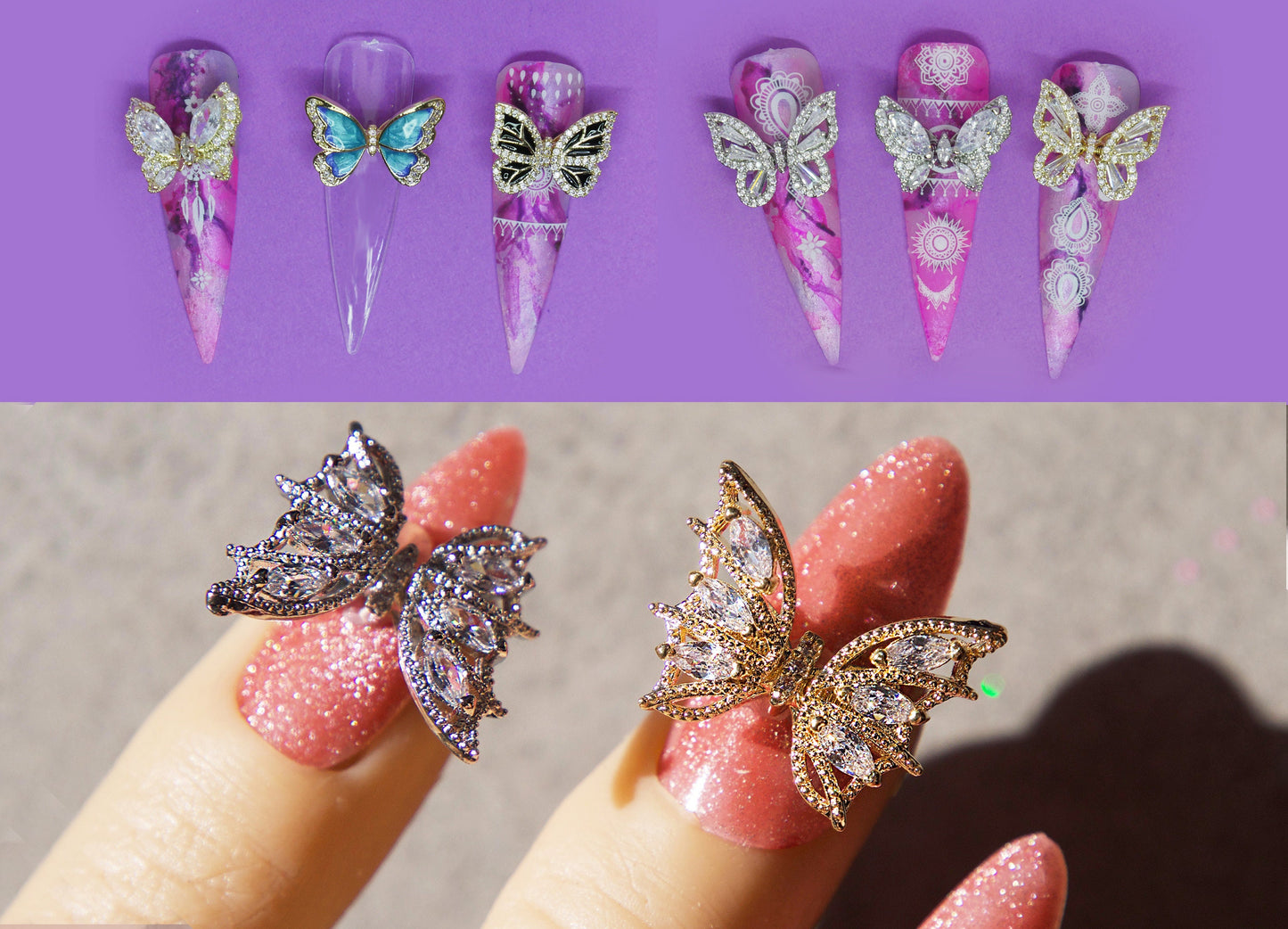 Ethereal Butterfly 3D Zircon Crystal Nail Ornament Decal 14k Gold Waving Wings Instagram Influencer Nail Jewelry Fairy Tale Nail Art