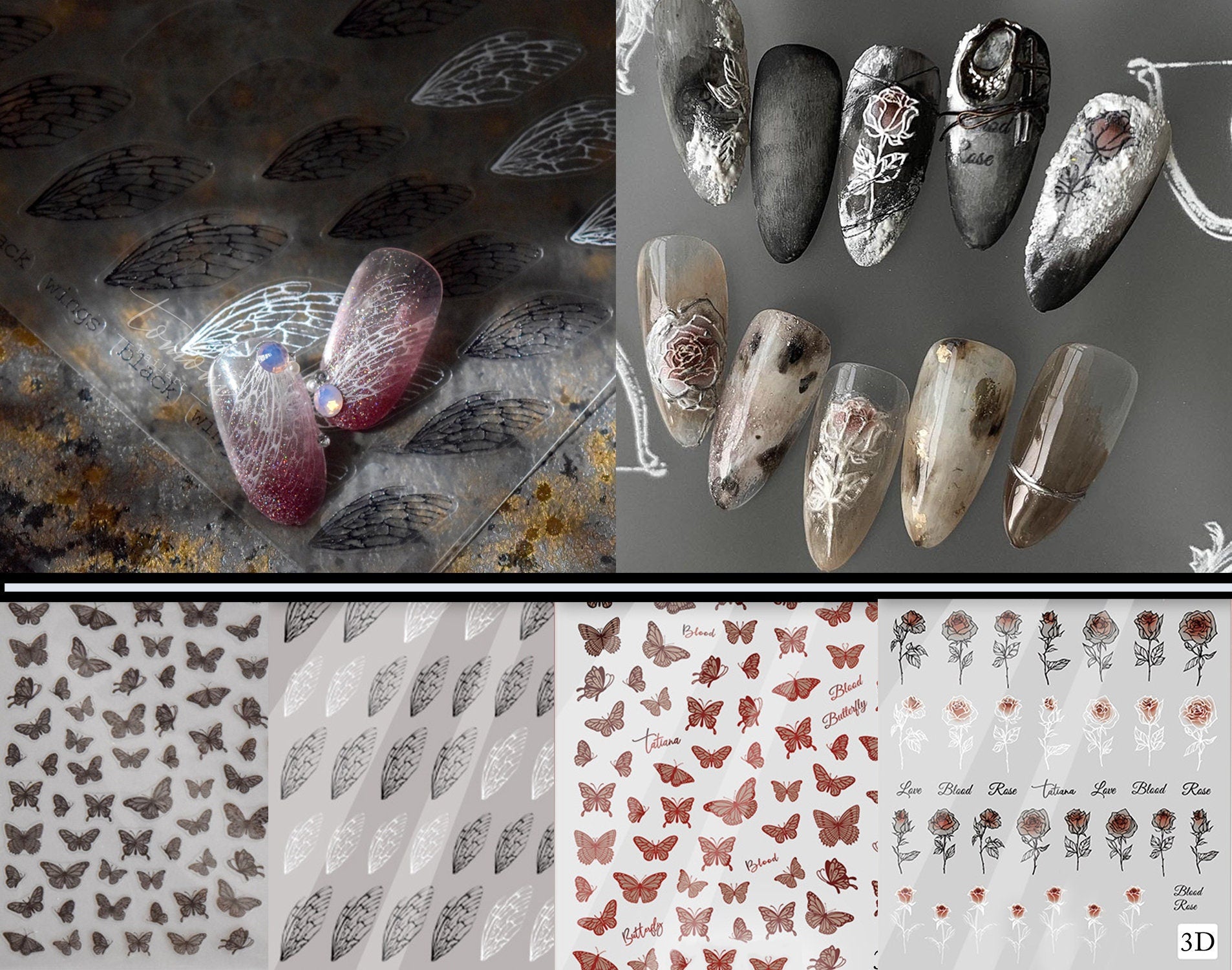 Bloody Rose Sticker Nail Art/ Black Wings Blood Butterfly 3D Decorative Peel Off Decals for Nails/Dark Punk Gothic Nails Stickers