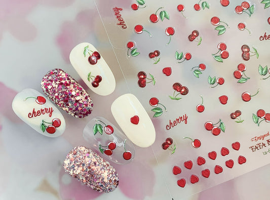 Cherry Fruity Nail Art Sticker/ 3D fruits DIY Tips Guides peel off  Stickers/Red Cherries Yellow Banana fruit nail decal