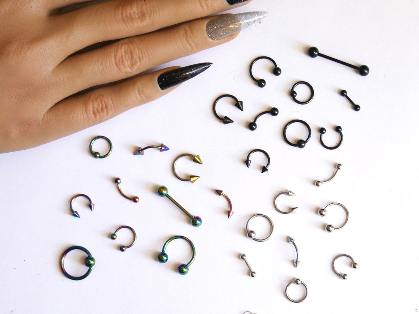 Pierced 3D Punk nail studs /Perforating Silver Black Chameleon Ring Circle charms