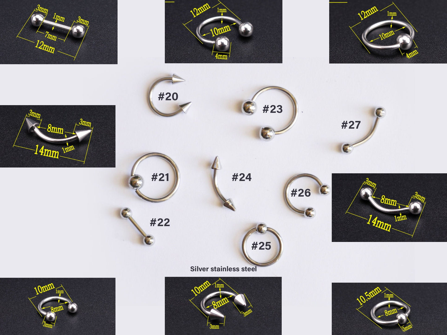 Pierced 3D Punk nail studs /Perforating Silver Black Chameleon Ring Circle charms
