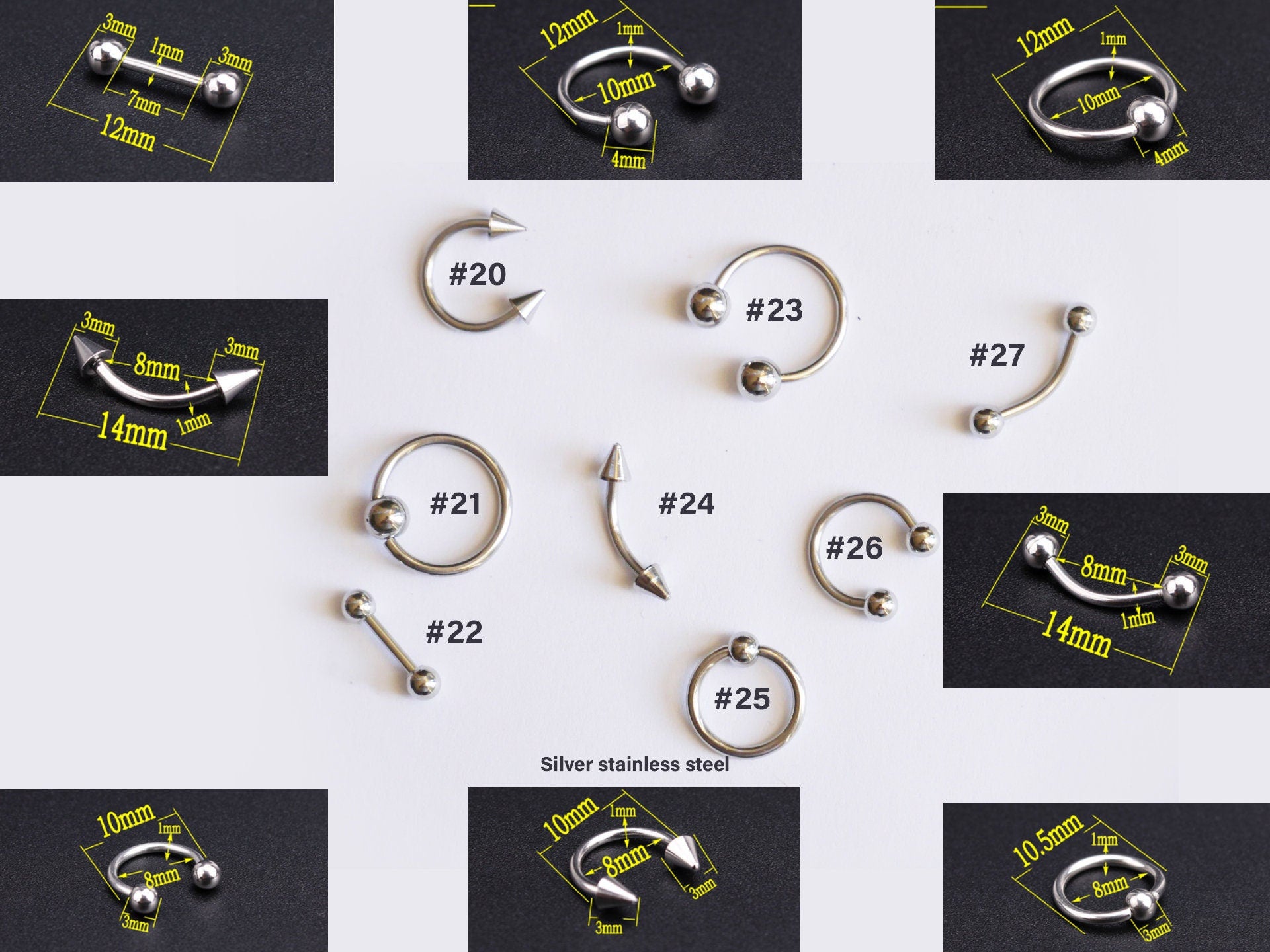 Pierced 3D Punk nail studs /Perforating Silver Black Chameleon Ring Circle charms