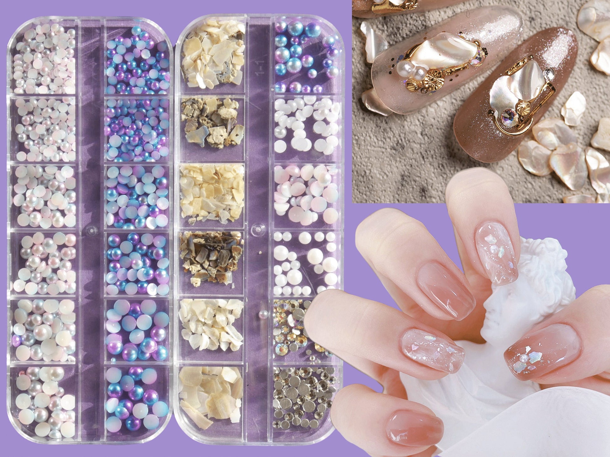 12 grids Mixed Galaxy Pearls & Shells /artificial Mermaid pearly lustre Various decorations