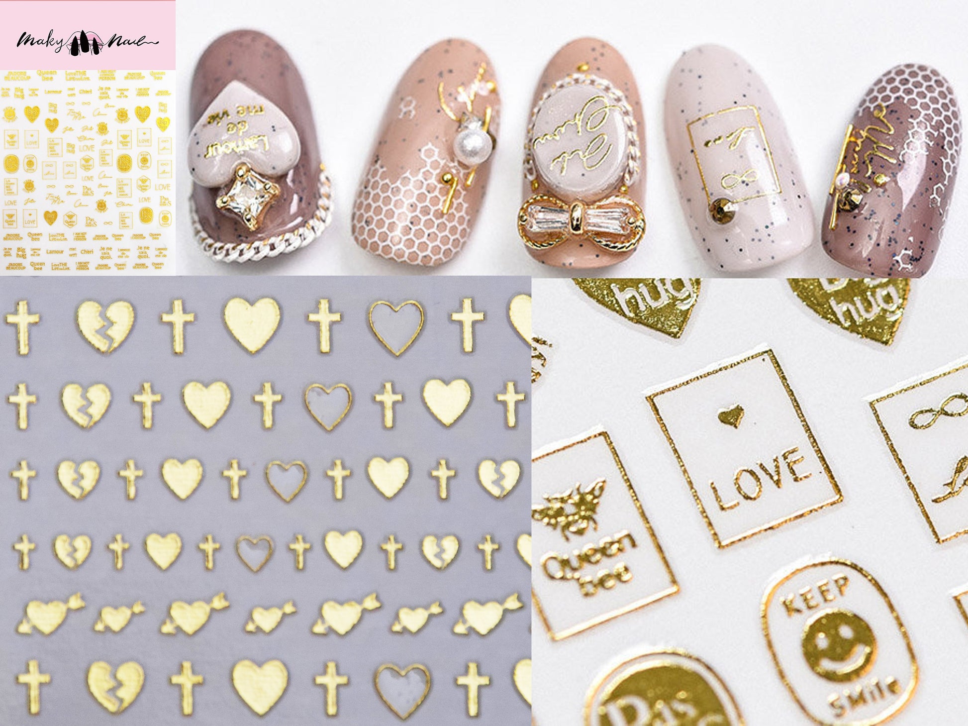 Gold Cross nail sticker/ Heart and Cross Nail Art Stickers Self Adhesive Decals/ gold metallic sweet heart nail art sticker