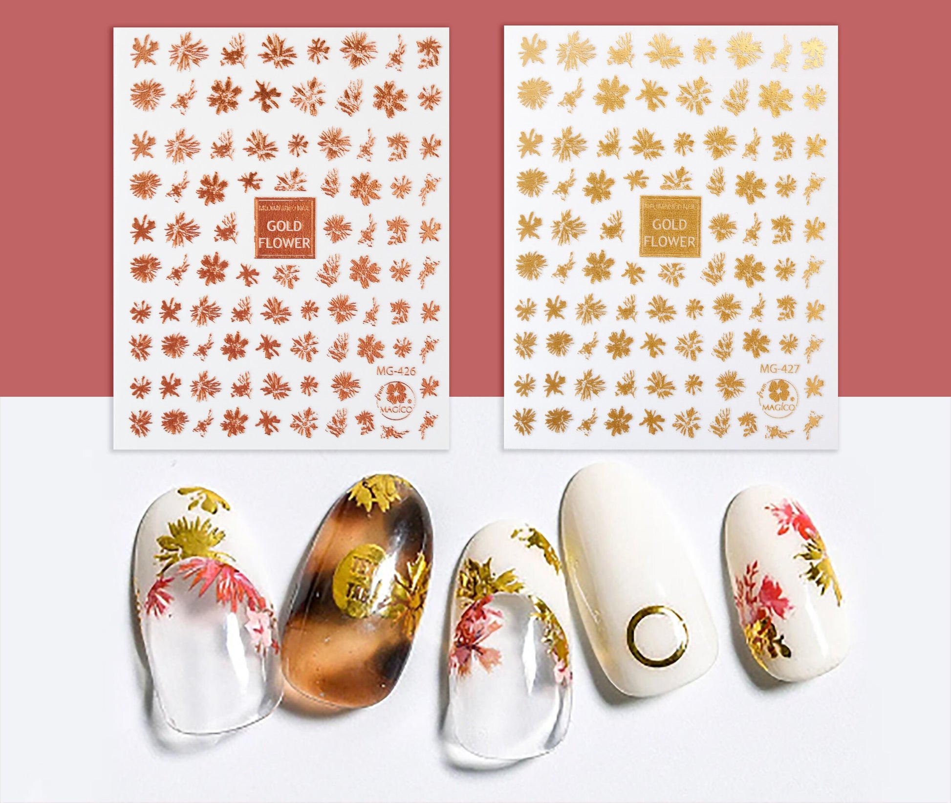 Rose Gold Hibiscus flower Nail Art Sticker/ Metallic DIY Tips Guides Transfer Stickers/ Flower Sticker/ Abstract Floral manicure stencil