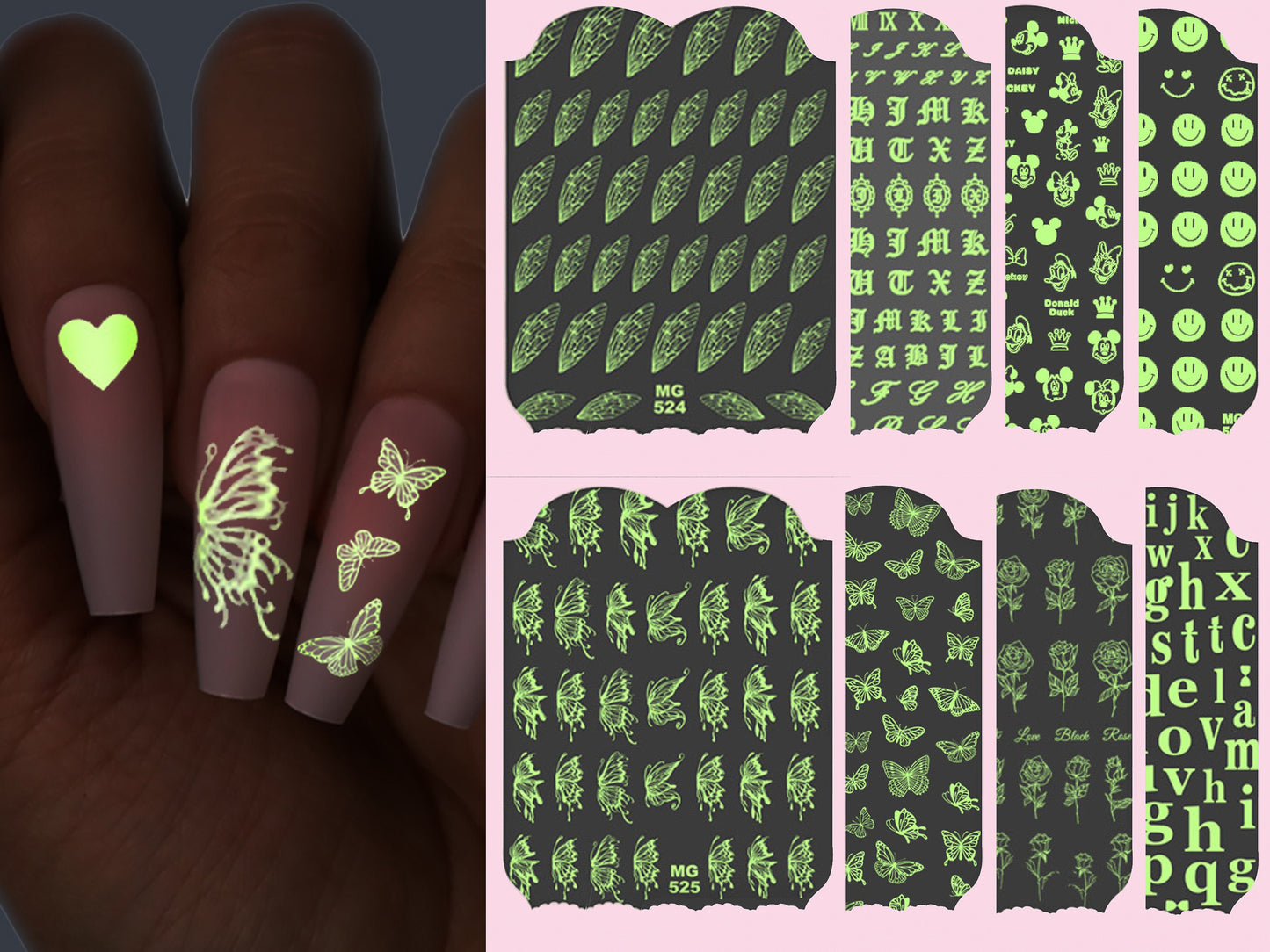 Fairy Tale Butterfly nail sticker/ Halloween Glow in the dark Night Life Party 3D Nail Art Self Adhesive Decals/ Peel off Floral Stickers