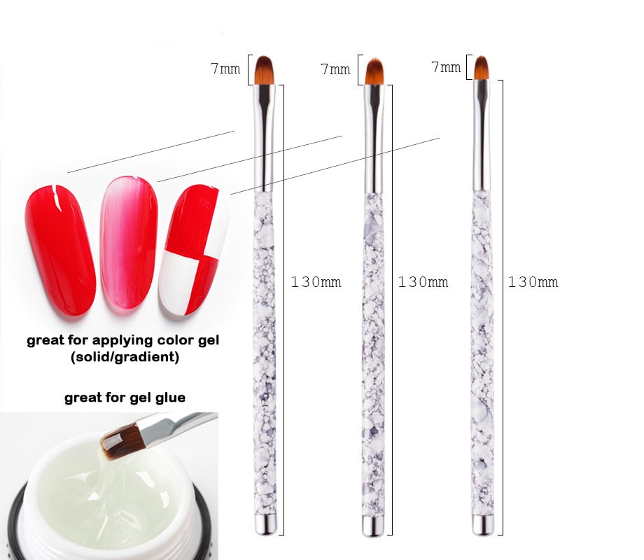 3pcs UV Gel Nail Brush/ Oval Head Poly Extension Gel Brush/Marble Penholder Builder Brushes Painting Set Cuticle Nail Cleaning tool