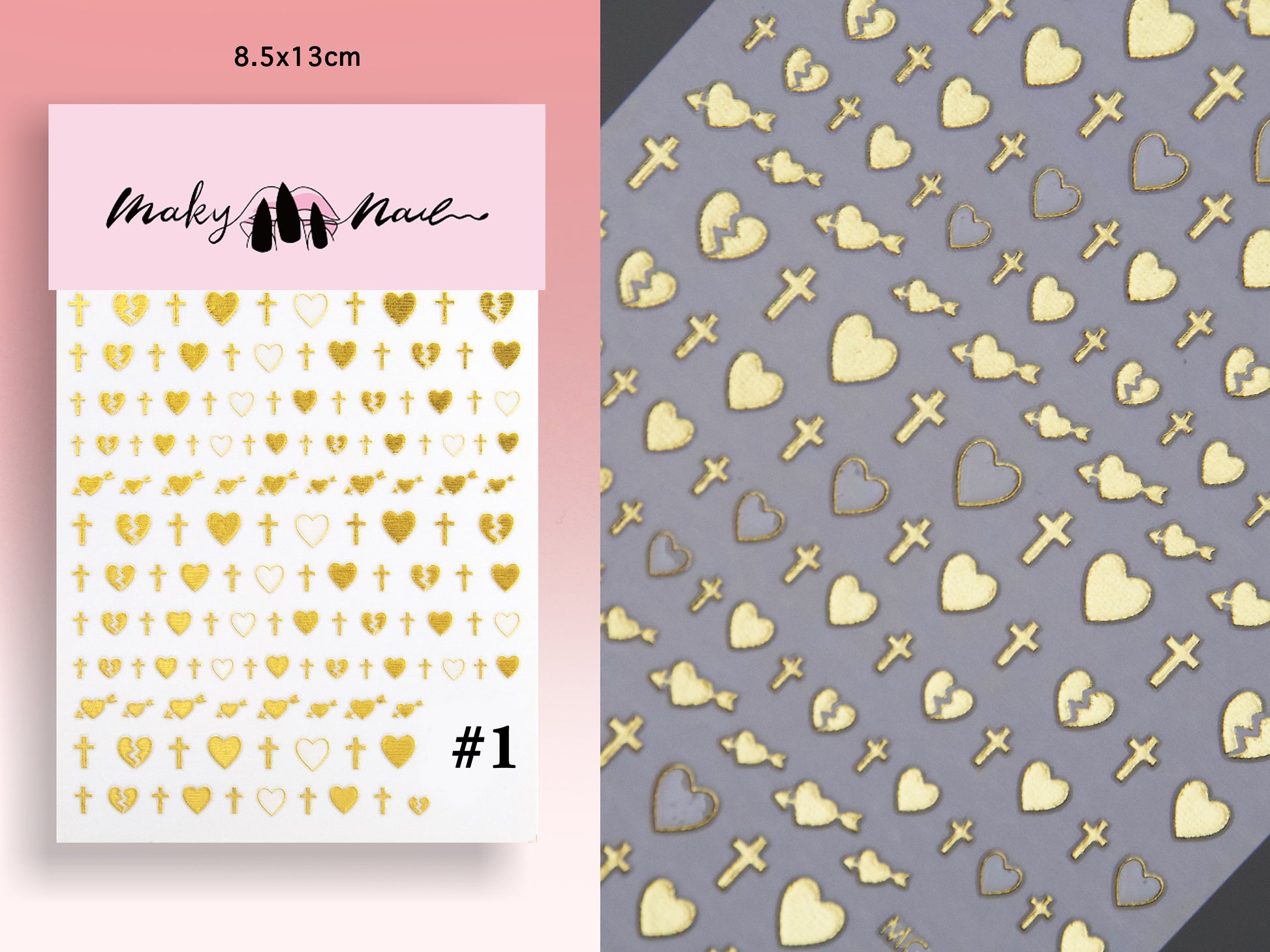 Gold Cross nail sticker/ Heart and Cross Nail Art Stickers Self Adhesive Decals/ gold metallic sweet heart nail art sticker