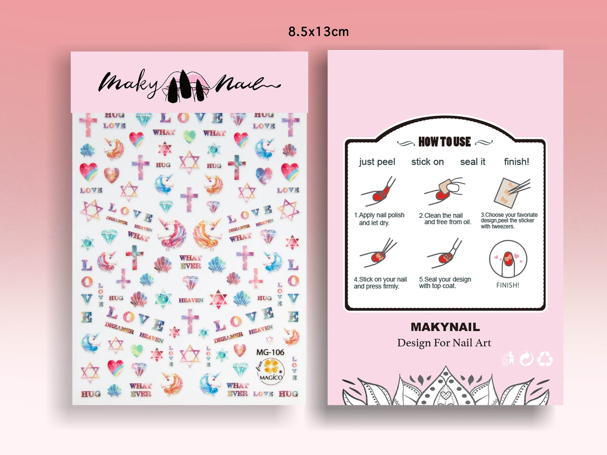 Totem Pinky gradient nail sticker/Star Moon Unicorn 1 Sheet 3D Nail Art Stickers Self Adhesive Decals/ Cross and heart nails decal