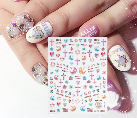 Totem Pinky gradient nail sticker/Star Moon Unicorn 1 Sheet 3D Nail Art Stickers Self Adhesive Decals/ Cross and heart nails decal