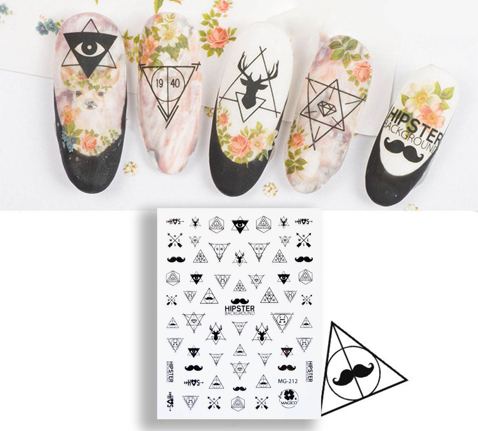 Totem Hipster nail sticker/ Hippy Totem ox bull head 3D Nail Art Stickers Self Adhesive Decals/ Black Triangle Nail Appliques