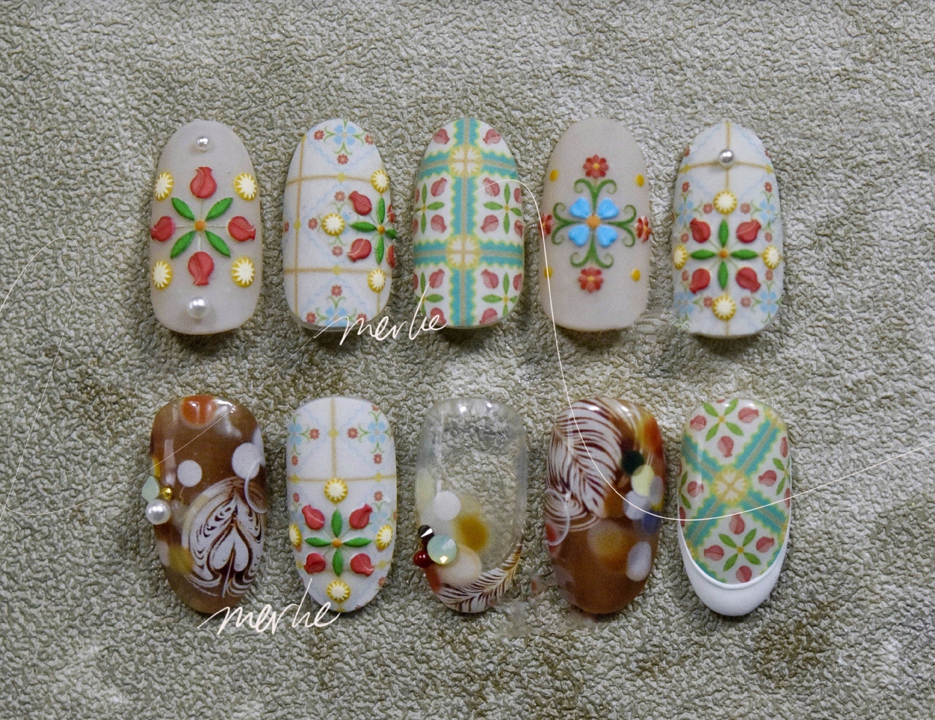 Pottery Floral Ceramics Print nail sticker/ Vintage Tile pattern 3D Nail Art Stickers Self Adhesive Decals/Flower Nail Art Decals