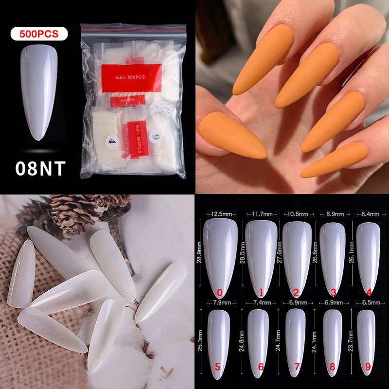 500 pcs Full Cover Stiletto Almond False Fake Nails Tips Manicure nail well tips/ Clear full Acrylic UV Gel Manicure Nail Tips
