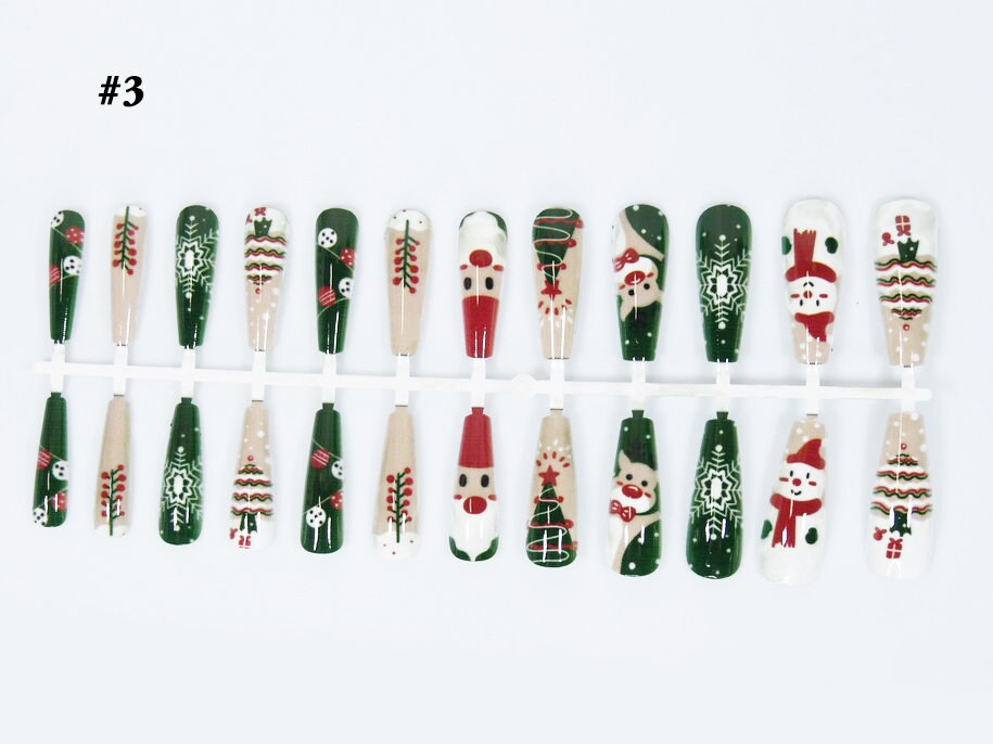 24pcs Christmas Press On Nails/ Printed Full Cover Coffin False Fake Nail Tips Manicure nail well tips/ Holiday Santa Tree Elk Pattern