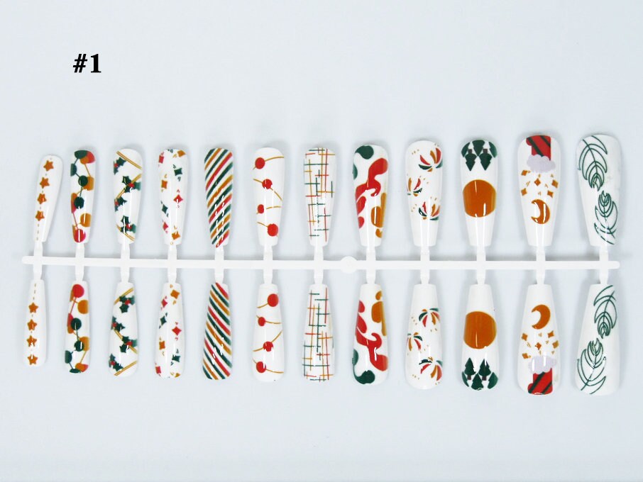 24pcs Christmas Press On Nails/ Printed Full Cover Coffin False Fake Nail Tips Manicure nail well tips/ Holiday Santa Tree Elk Pattern