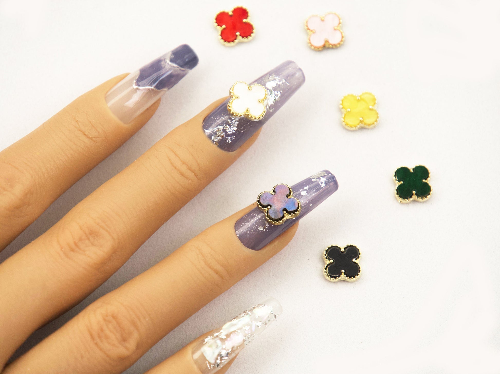2 pcs Four Leaf Clover gold 3D Metallic Rhinestone nail studs / Mother-of-pearl White charm Nails supply Jewelry Supplies