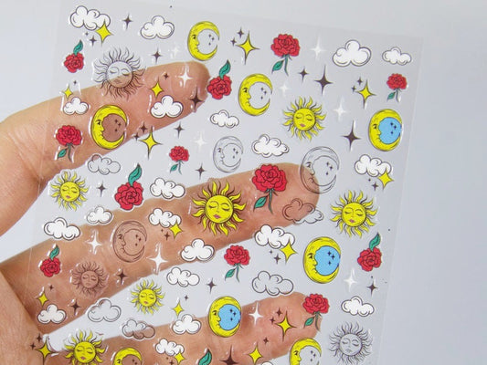 Kawaii Doodle Nail Stickers/ Cloud Sun Moon Smile Happy Smiley Rainbow Nail Art Stickers Self Adhesive Decals
