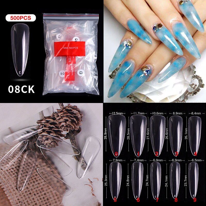500 pcs Full Cover Stiletto Almond False Fake Nails Tips Manicure nail well tips/ Clear full Acrylic UV Gel Manicure Nail Tips