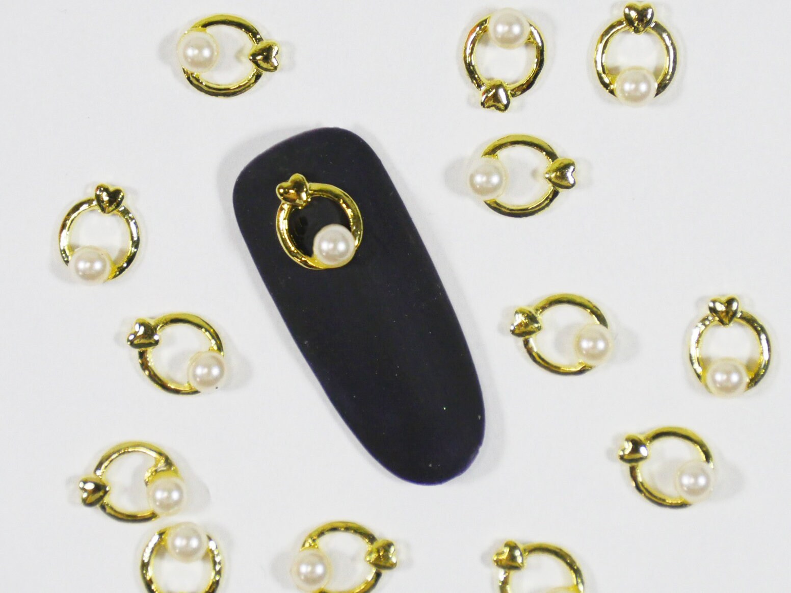 10 pcs 3D pearl round ring Metallic nail studs / heart shape golden ring circle pearl charm nail art