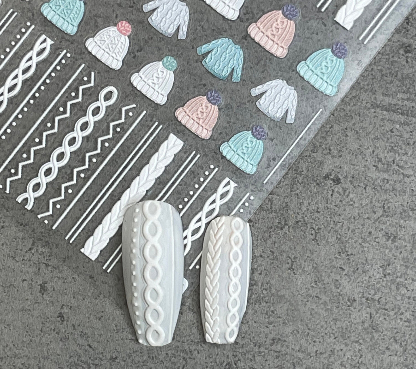 Knit Sweater Nail Art Stickers Self Decals/ Fall Winter 3D Embossed Textured Sweaters Beanie Peel off Nails Sticker/ Christmas Nails