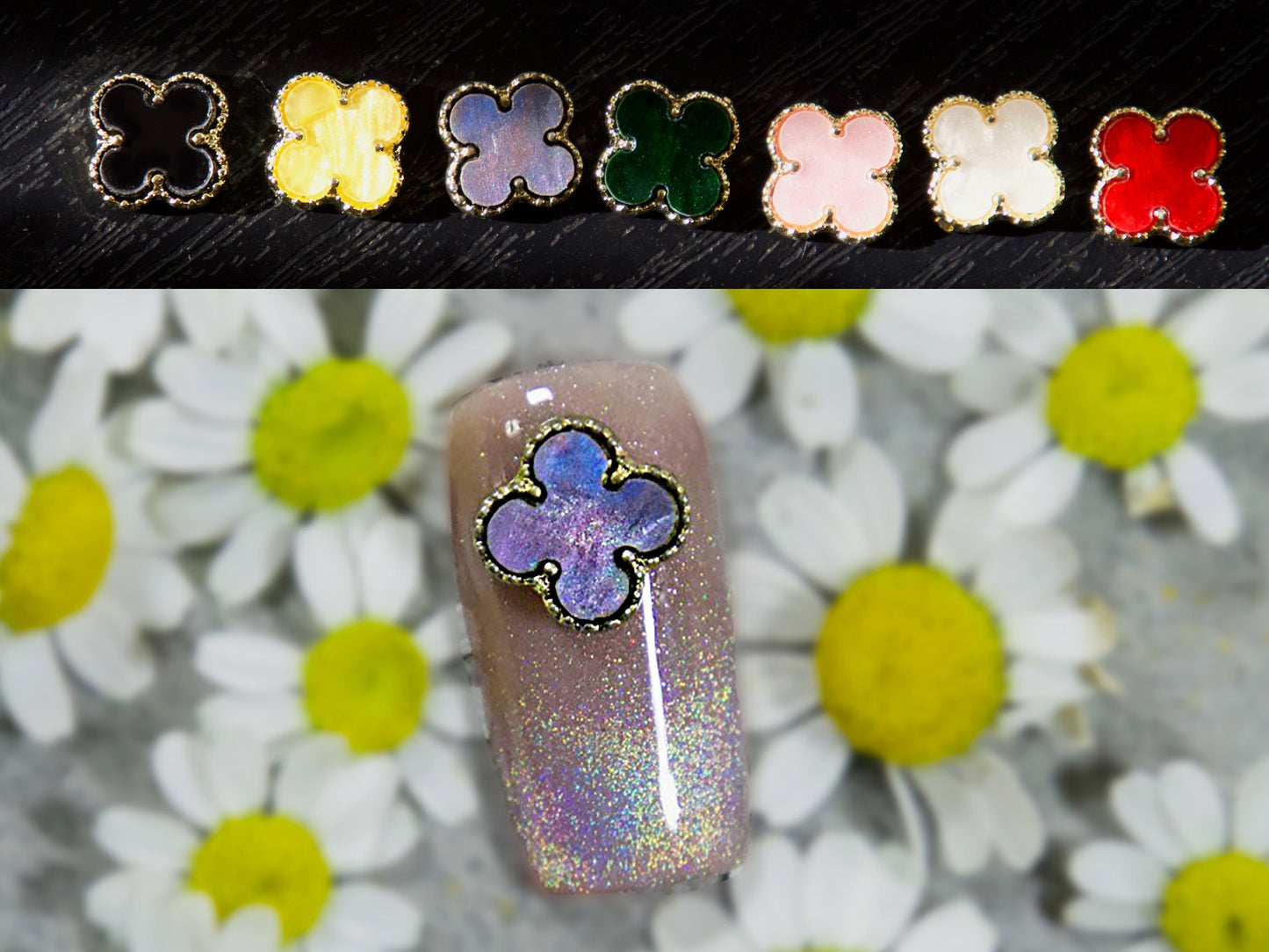 2 pcs Four Leaf Clover gold 3D Metallic Rhinestone nail studs / Mother-of-pearl White charm Nails supply Jewelry Supplies