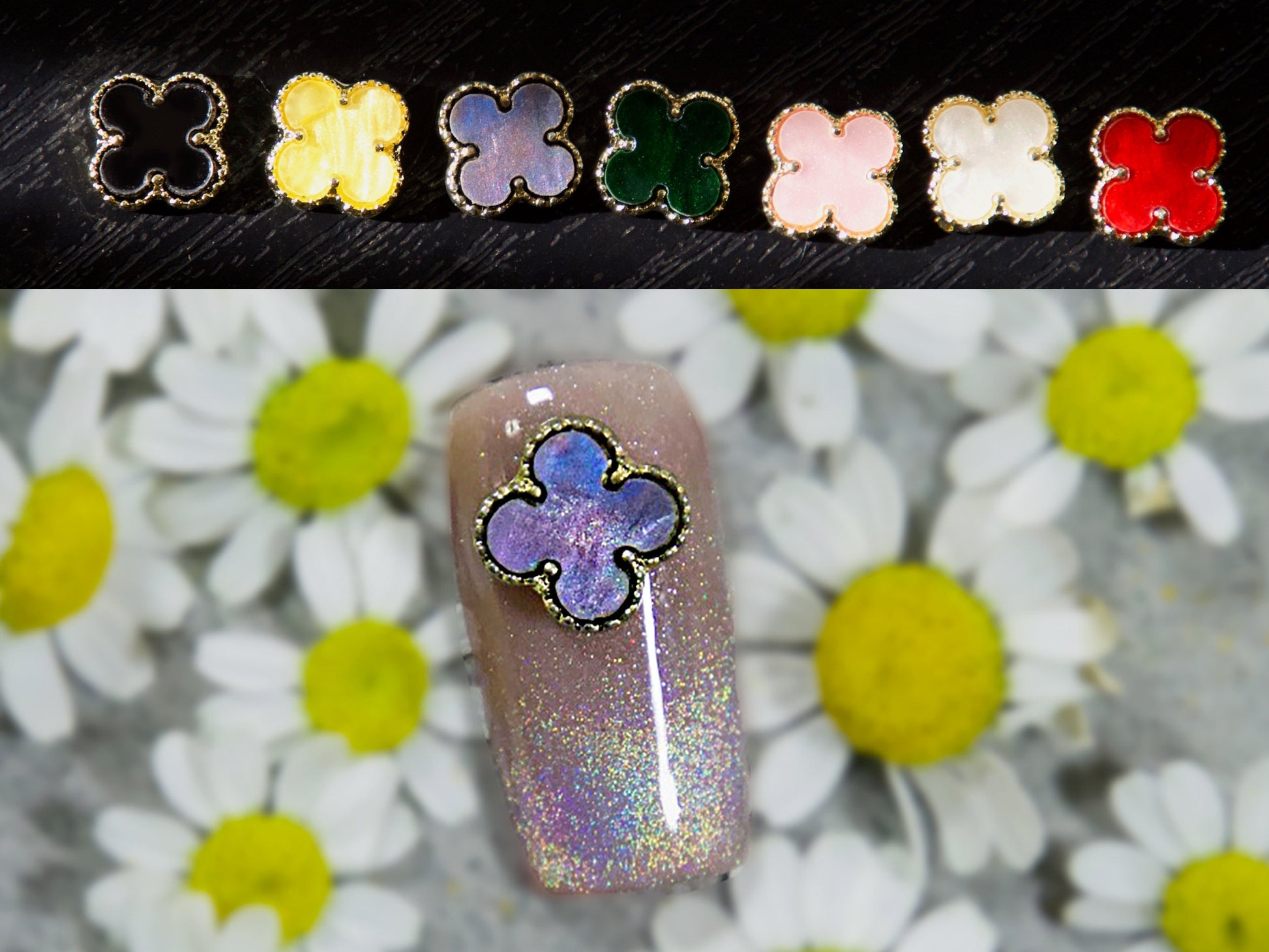 2 pcs Four Leaf Clover gold 3D Metallic Rhinestone nail studs / Mother-of-pearl White charm Nails supply Jewelry Supplies