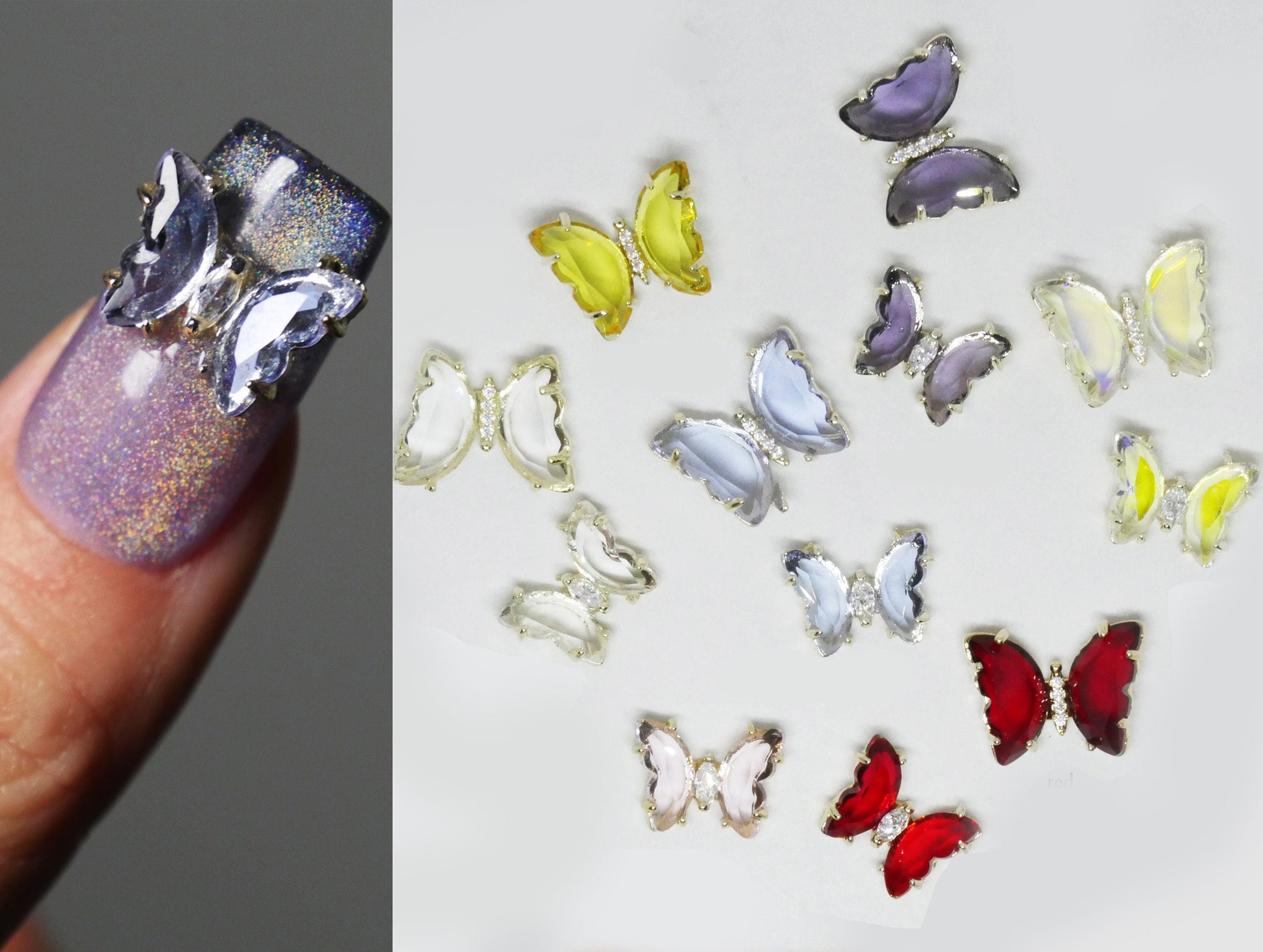 14k gold plated Butterfly 3D Zircon Crystal Nail Ornament Decal/ Clear Pink Butterfly Instagram Influencer Nail Jewelry Fairy Tale Nail Art