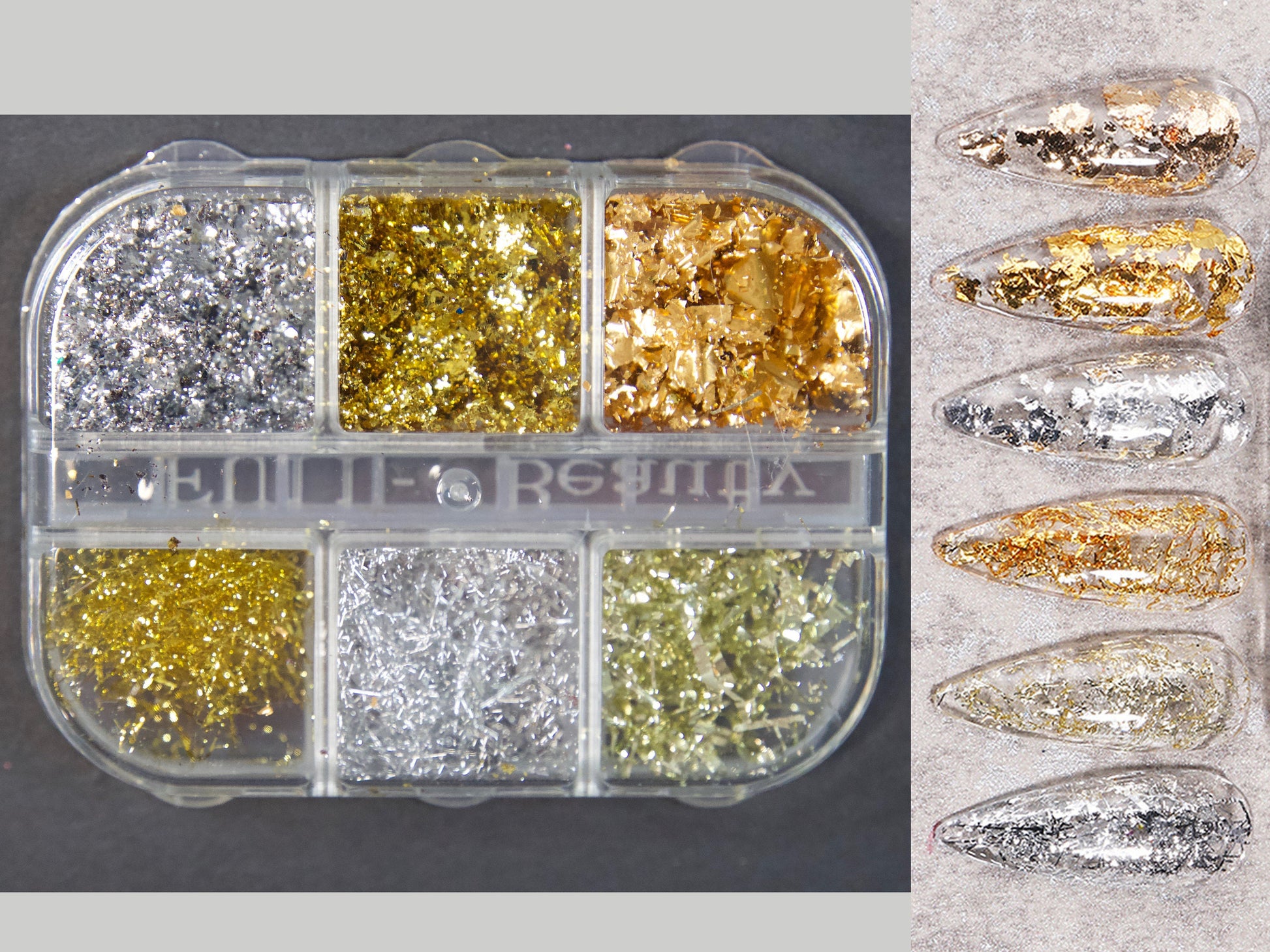 12 Grids Nail Art Foil Flakes Gold Silver, Sparkly Gold Silver