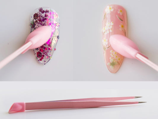 Double Sided Pink Tweezer with Silicon Head Press on Stickers, Glitters, Studs, Rhinestones/ Embossed Stick Pressing Straight Head Tweezers