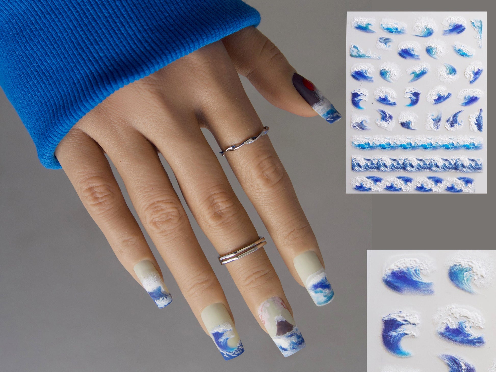 Blue Ocean Wave Nail Sticker/ Spirit of Ukiyo-e Stunning Japanese Famous Artwork The Great Wave off Kanagawa 3D Embossed Nails Supply