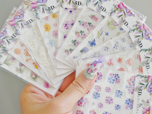 5D Flower Series Embossed nail sticker/Peel off 3D Floral Nail adhesive/Lavender, sakura, hydrangea, white lace, butterfly, tulip sticker