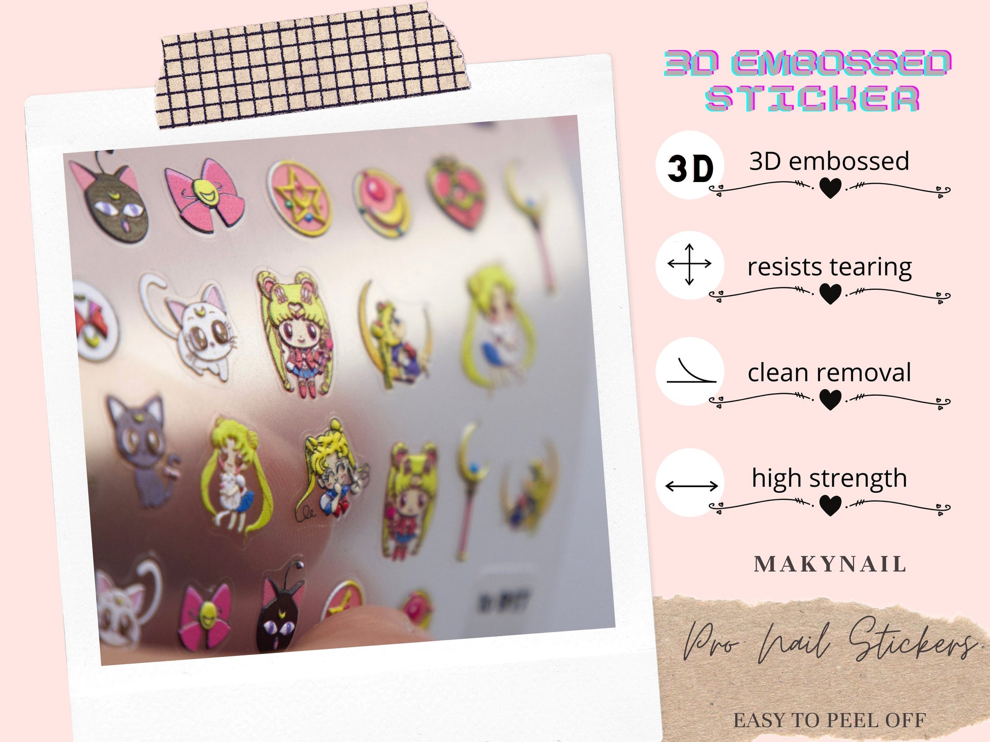 Chibi 90's Sailor Moon Nail Sticker/Cartoon Manga Anime Nail Art Stickers Self Adhesive Decals/ Ultra Think Usagi Tsukino Sailor Senshi