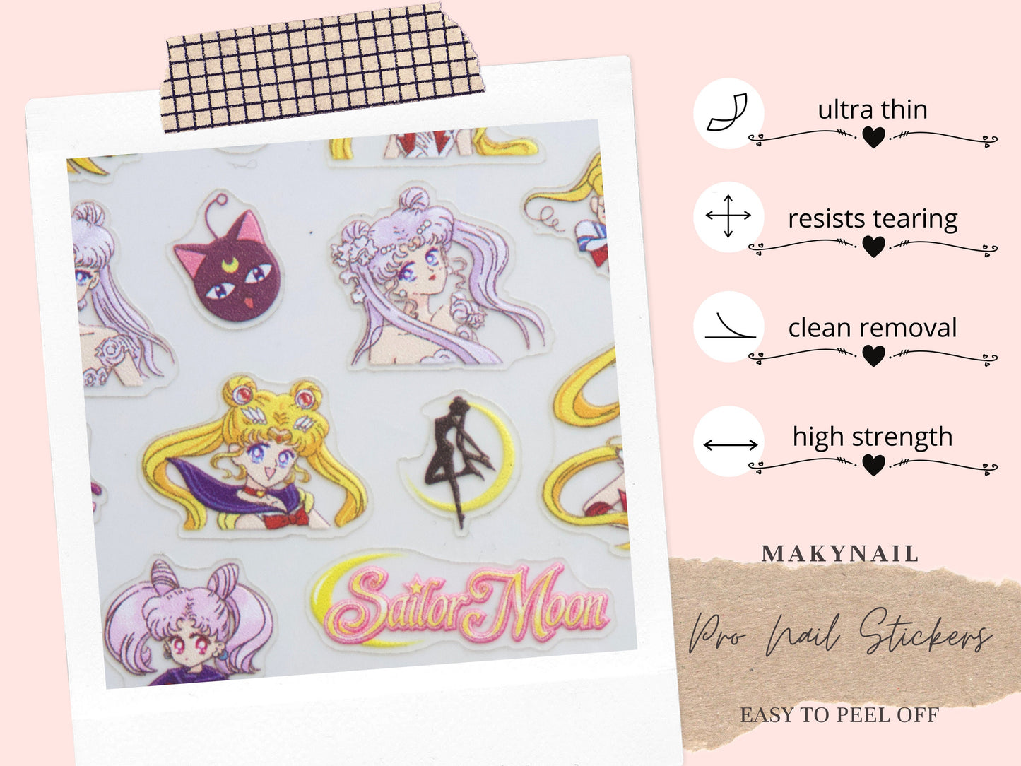 Chibi 90's Sailor Moon Nail Sticker/Cartoon Manga Anime Nail Art Stickers Self Adhesive Decals/ Ultra Think Usagi Tsukino Sailor Senshi