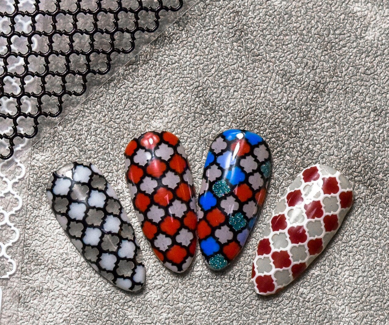 Plaid Pattern Nail Art Sticker/ 3D Embossed Checkered Grids Peel Off Tips Stickers/ Stained and Decorative Glass pattern nail design