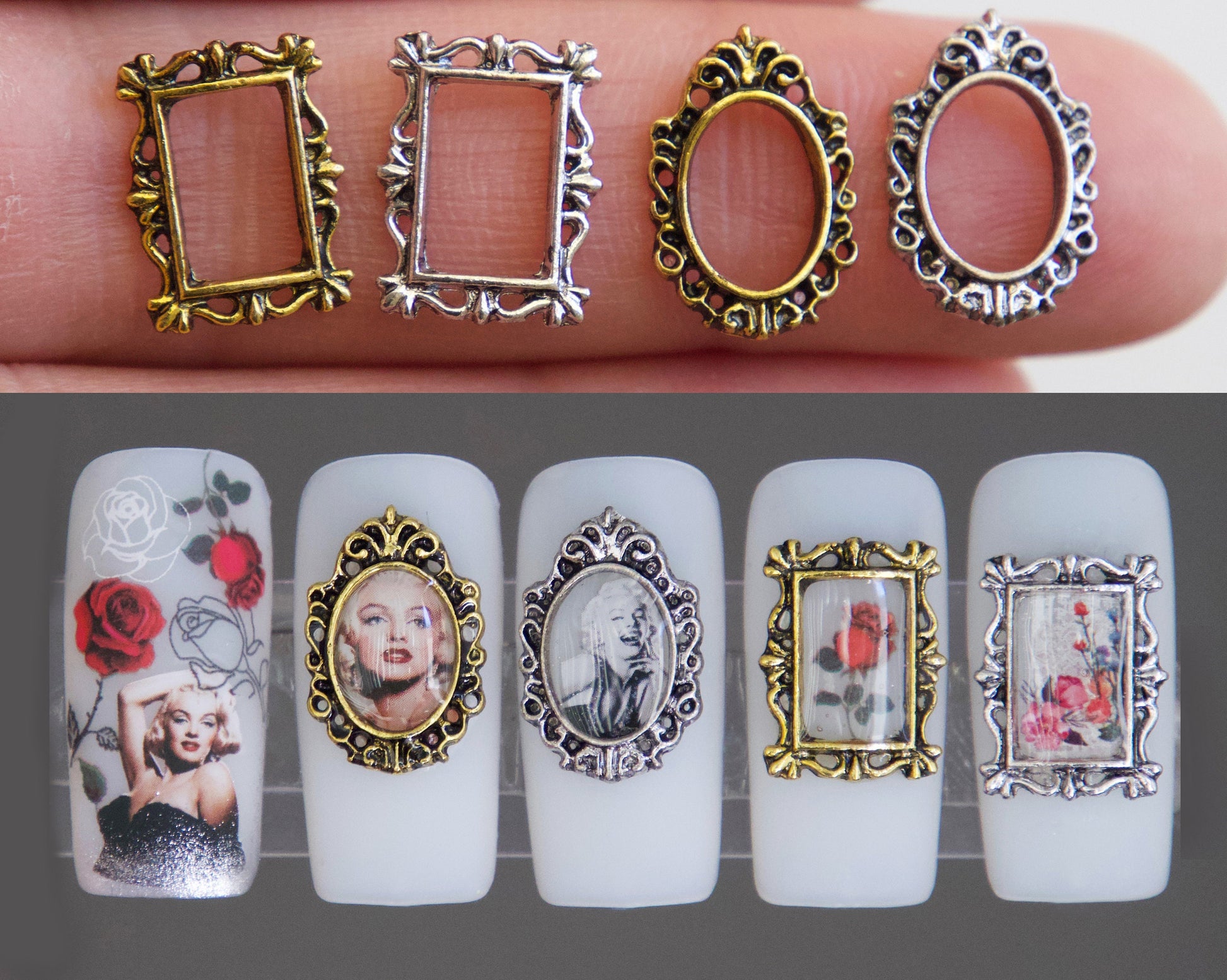 3D Frame Vintage Nail Decal/ Retro Nail Hollow Frames Floral Painting Photo Frame Nail Art Metallic Studs Charms 5D Nail Supply