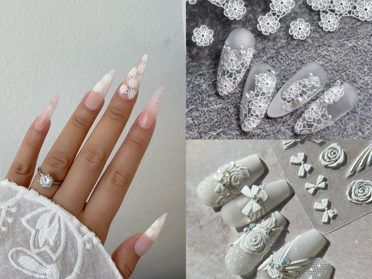 Bridal Wedding White Floral Lace 3D Embossed Nail Stickers/ Bridal Rose Laces Bow tie Peel off stencils/ Matte Finished Adhesive Sticker